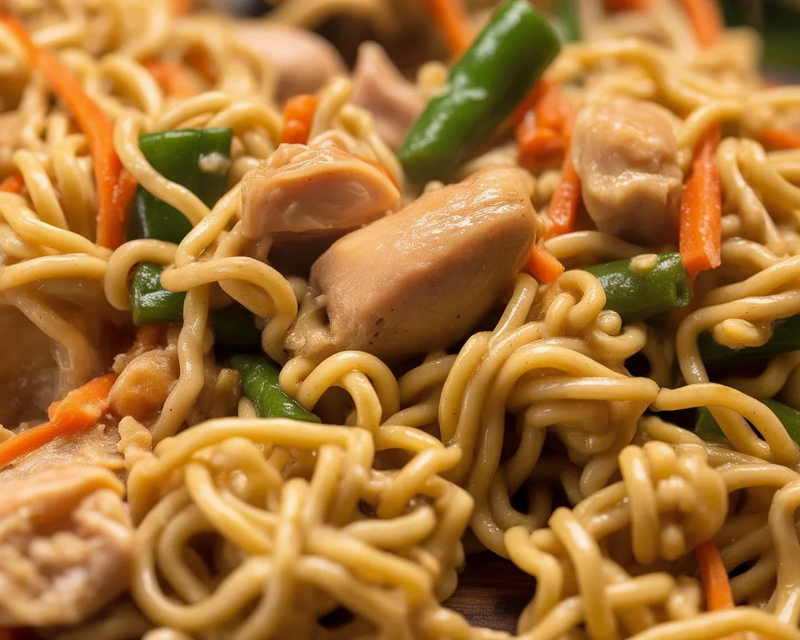 Delicious homemade Chow Mein with stir-fried noodles, vegetables, and chicken.